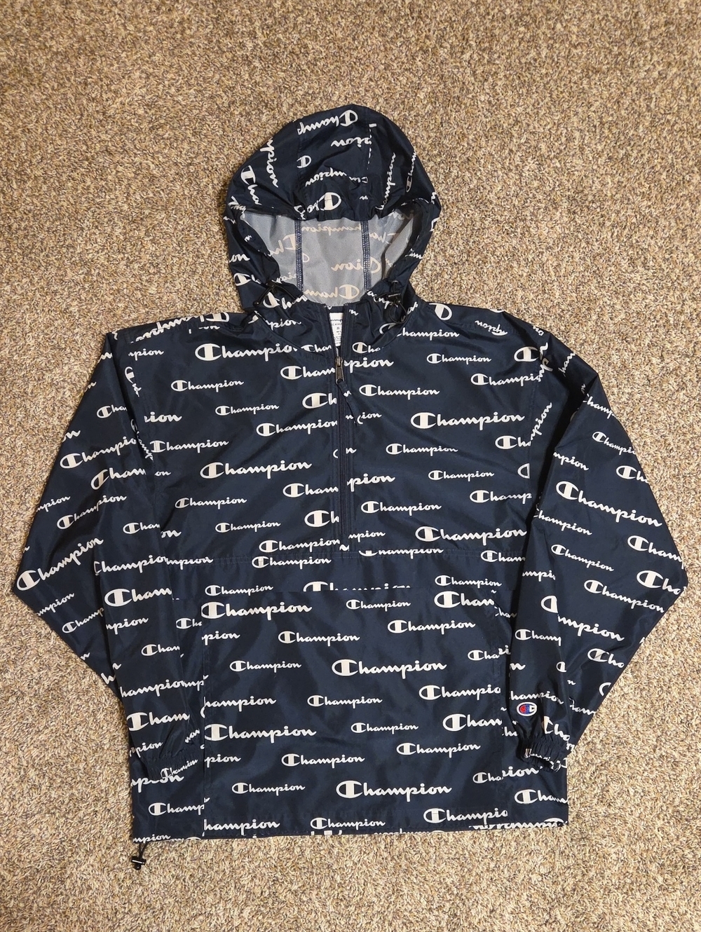 CHAMPION Navy All-Over Logo Windbreaker Hoodie